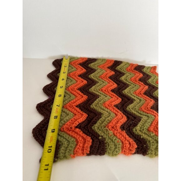 Handmade Chevron Knit Blanket - Brown Orange & Green Zigzag Pattern - 12"x12" - - Picture 3 of 5